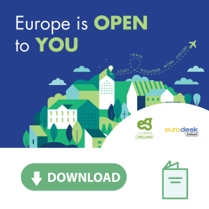Illustration of green and white coloured buildings clustered closely together on a hill against a blue background with an airplane flying in the distance. The words Europe is OPEN to YOU, and a number of logos also accompany the illustration.