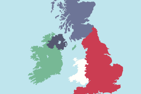 A graphic representation of the islands of Ireland and Britain, with the territories of Ireland, Northern Ireland, Scotland, Wales and England, each distinguished by a different colour
