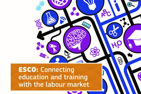 The title 'ESCO: Connecting Education and Training with the Labour Market' in front of a background image consisting of arrows connecting icons representing learning e.g. lightbulb, laptop, pencil, test-tube, telescope