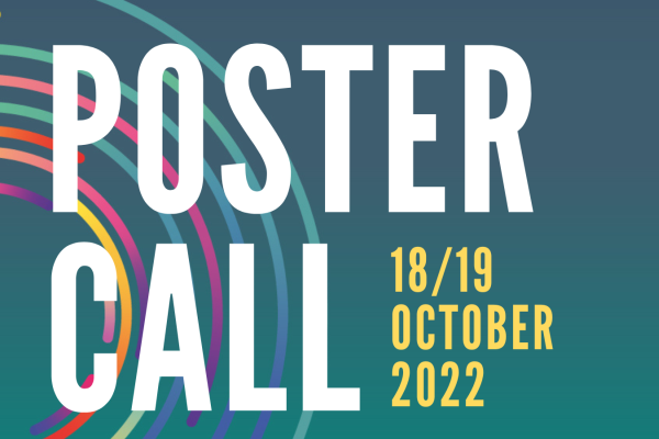 The words 'Poster Call' in large white block letters, with '18/19 October 2022' in smaller yellow text against dark green backdrop with concentric circles of different colours and QQI logo