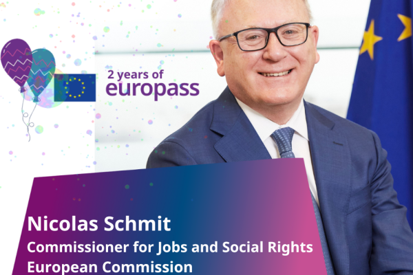 Graphic celebrating 2 years of Europass with photo of European Commissioner Nicolas Schmit