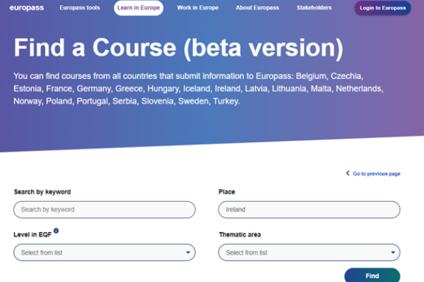 Screenshot of Europass webpage 'Find a Course', with four search fields in bottom half of image