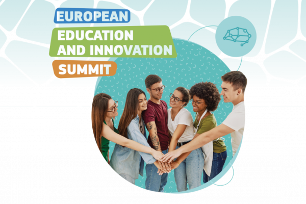 Group of young people putting hands in together and smiling against an aquamarine background with event title European Education and Innovation Summit
