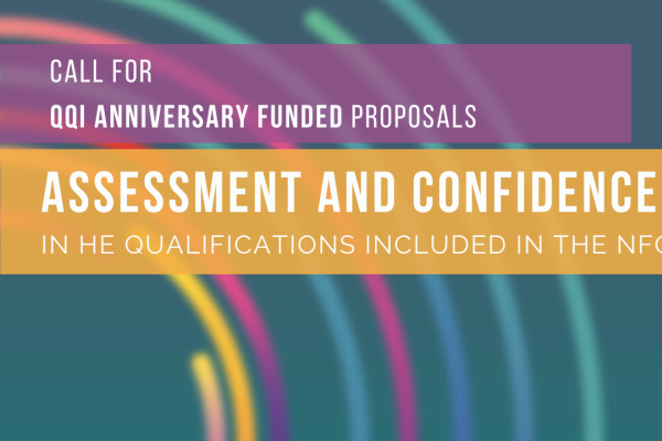 Graphic with text stating call for proposals for QQI 10th anniversary, relating to assessment and confidence in HE qualifications in the NFQ