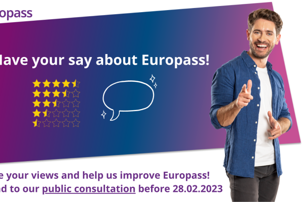 Smiling young man standing beside Europass logo and text stating: "Have your say about Europass!"