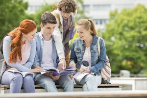 Group of students studying a document
