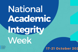 Graphic in blue and aquamarine colours, text "National Academic Integrity Week, 17 to 21 October 2022"