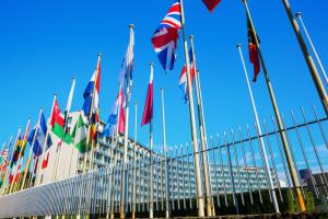 World flags in front of UNESCO headquarters in Paris, France