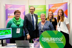 Minister Simon Harris with the Qualifax team at Higher Options 2023