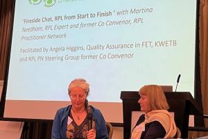 Photograph of two on-stage contributors at the RPL Practitioners event, "Fireside Chat: RPL from Start to Finish" (Winter 2024)