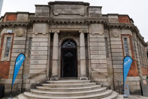 alt="The front entrance to the Carnegie Hub in IADT, Dún Laoghaire."