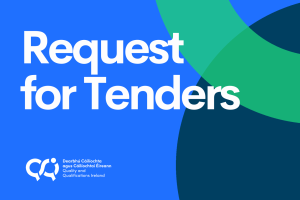 alt="QQI branded image with the text, request for tender against a blue background and overlapping spheres."